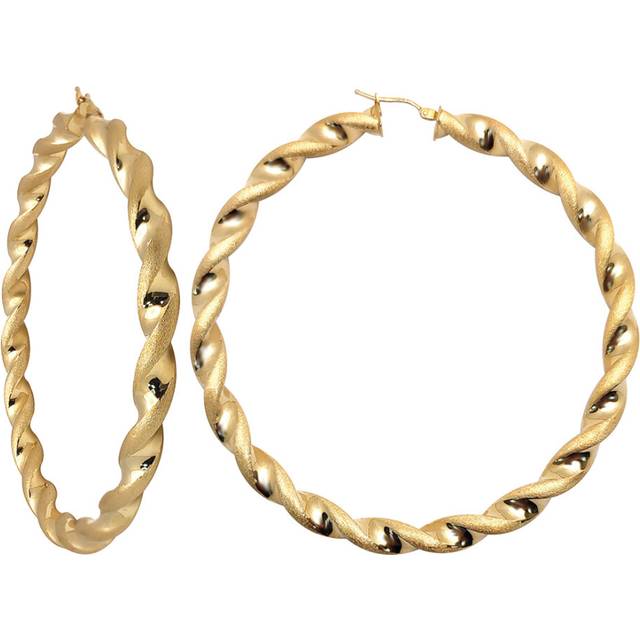 Jewelco London Ladies 9ct Yellow Gold Frosted Satin Chunky Twist 6mm Hoop Earrings 70mm - JER769C