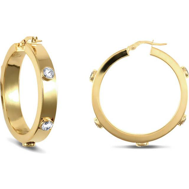 Jewelco London Ladies 9ct Yellow Gold White Round Brilliant Cubic Zirconia Square Tube 6mm Hoop Earrings 34mm - JER482B