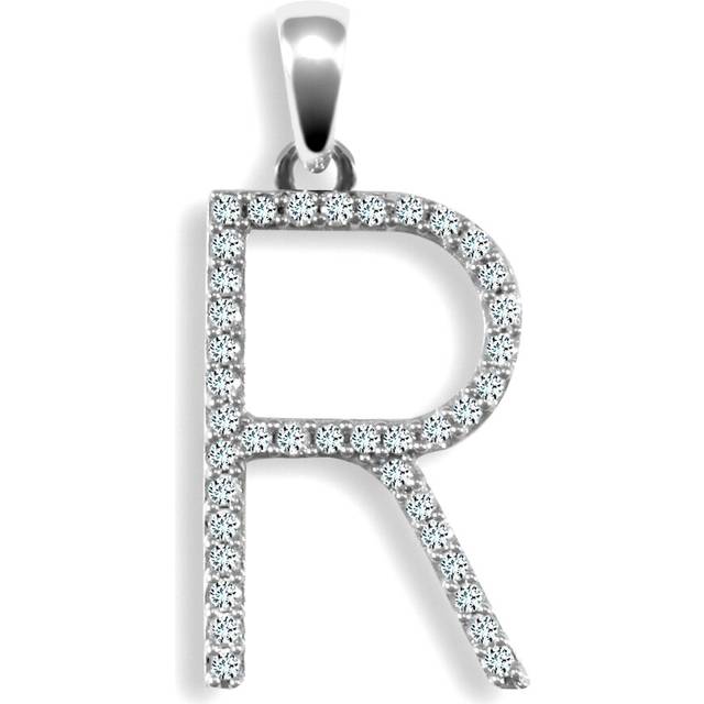Jewelco London Ladies Solid 9ct White Gold Pave Set Round G SI 0.2ct Diamond Elegant Block Initial ID Charm Pendant - 9P105-R