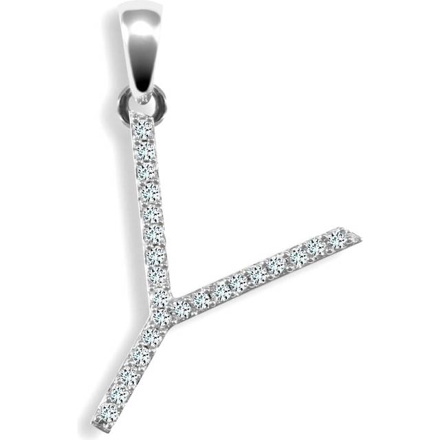Jewelco London Ladies Solid 9ct White Gold Pave Set Round G SI 0.12ct Diamond Elegant Block Initial ID Charm Pendant - 9P105-Y