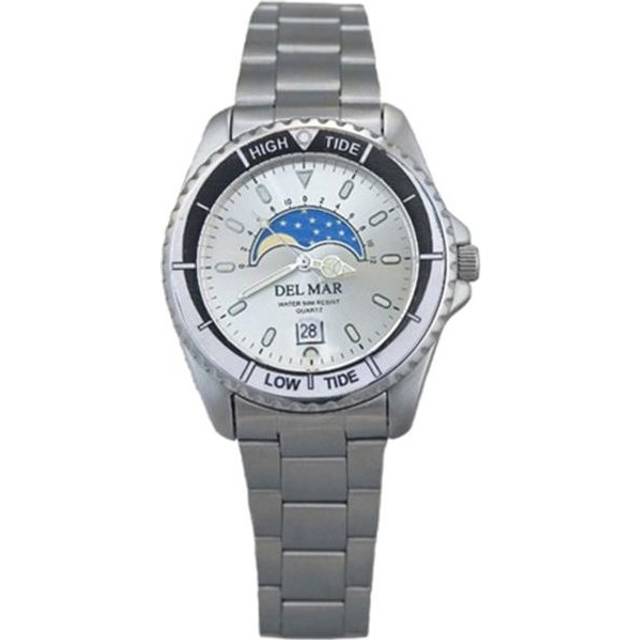 Del Mar 50400 Mens Nautical Analog Tide Watch Stainless Steel White Dial - Silver