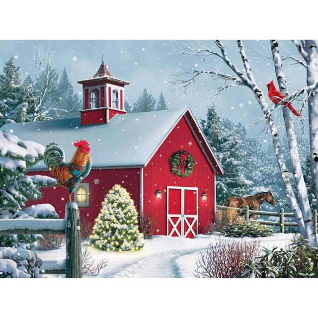 Bits and Pieces - 1000 Piece Jigsaw Puzzle for Adults - Winter Barn 2 - Christmas Holiday on The Farm Merry Christmas Horse Rooster Barn Jigsaw Puzzle