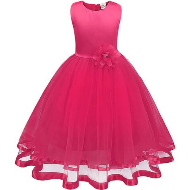(Pink, 140cm-7 Years) Flower Girls Ball Kids Gown Dress Wedding Princess Bridesmaid Party Prom birthda