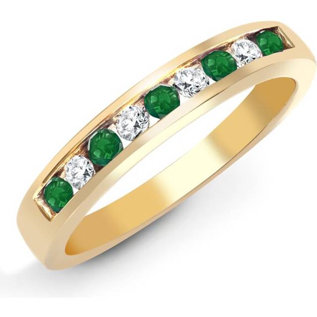 (N) Jewelco London 9ct Yellow Gold Channel Set J SI 0.14ct Diamond and Green 0.26ct Emerald Dainty Band Eternity Ring 4mm