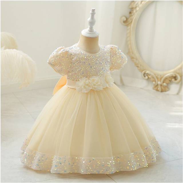 (Champagne, 2-3 Years) Baby kids girls Bow flower princess dress UK STOCK