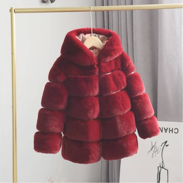 (Burgundy, 1-2 Years) Kids Girls Rabbit Fur Coat Padded Winter Jackets