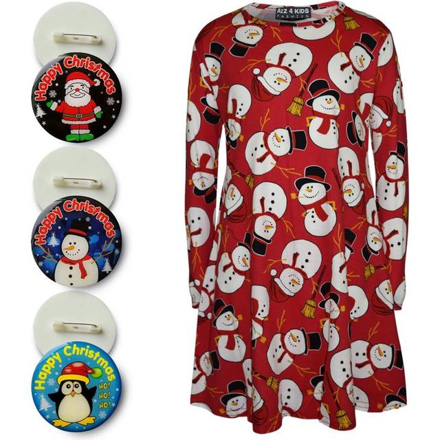 Girls Christmas Dress Kids Snowman Xmas Fashion Dresses With A Free Badge 3-13 Y