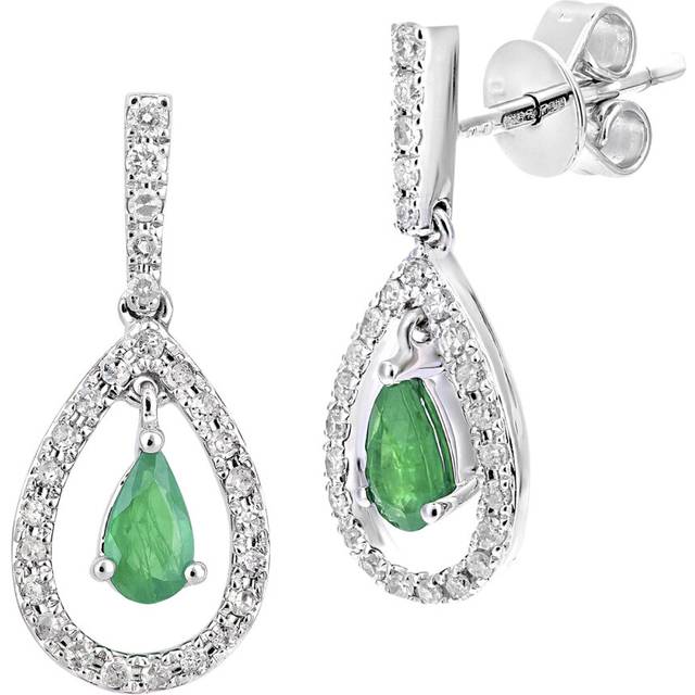 Jewelco London 18ct White Gold Round 20pts Diamond Pear 0.35ct Emerald Teardrop Drop Earrings - DE1AXL608W18EM