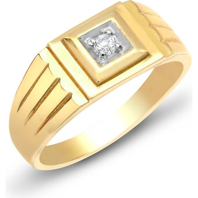 (W) Jewelco London Men's Solid 9ct Yellow Gold 4 Claw Set Round H I2 0.11ct Diamond Solitaire Signet Ring 9mm