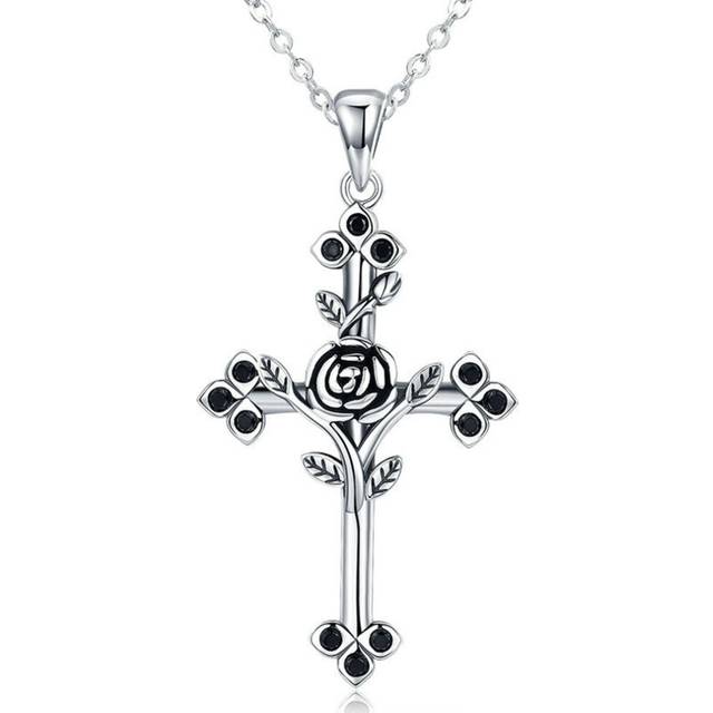 Silver plating Rose Flower Leaf Cross Pendant Necklaces for Women Jewelry Collares