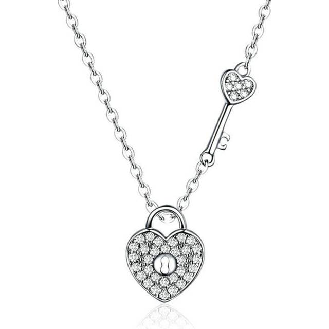 Silver plating Heart Lock and Key Link Chain Choker Necklace for Women Jewelry