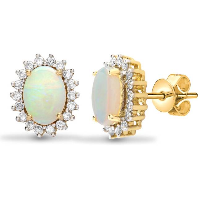 Jewelco London Ladies 18ct Yellow Gold Cluster Set Round G SI 0.3ct Diamond and Oval Opal Royal Cluster Stud Earrings - 18E183