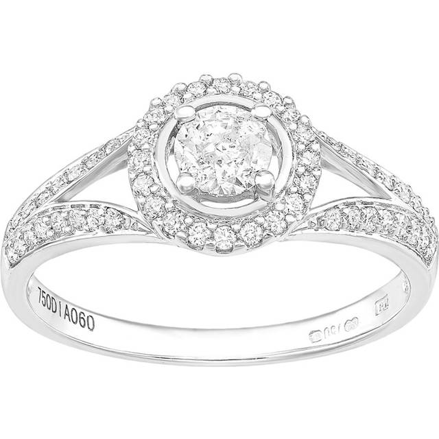 (L) Jewelco London 18ct White Gold Round Halo 0.60ct Diamond Solitaire Engagement Ring - Size J
