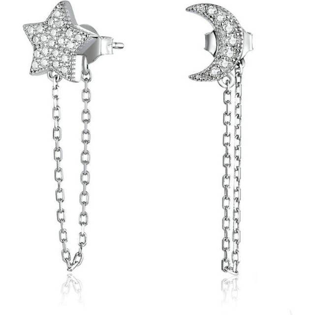 Moon and Star Chain Drop Earrings for Women Silver plating Engagement Wedding Jewelry