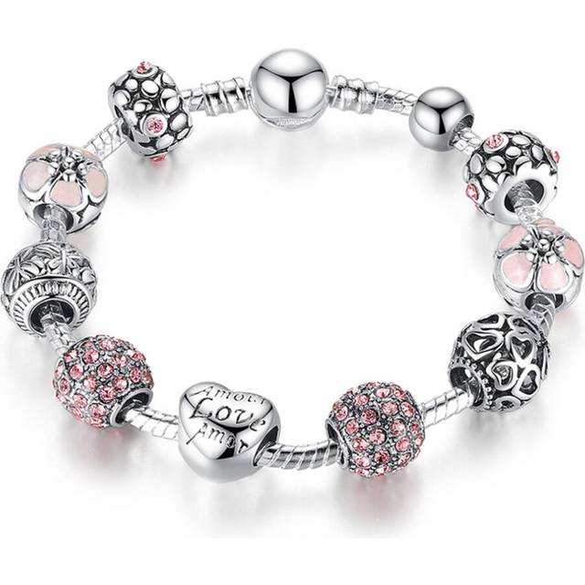 Silver plating Charm Bracelet & Bangle with Love and Flower Beads Women Wedding Jewelry_ 20CM