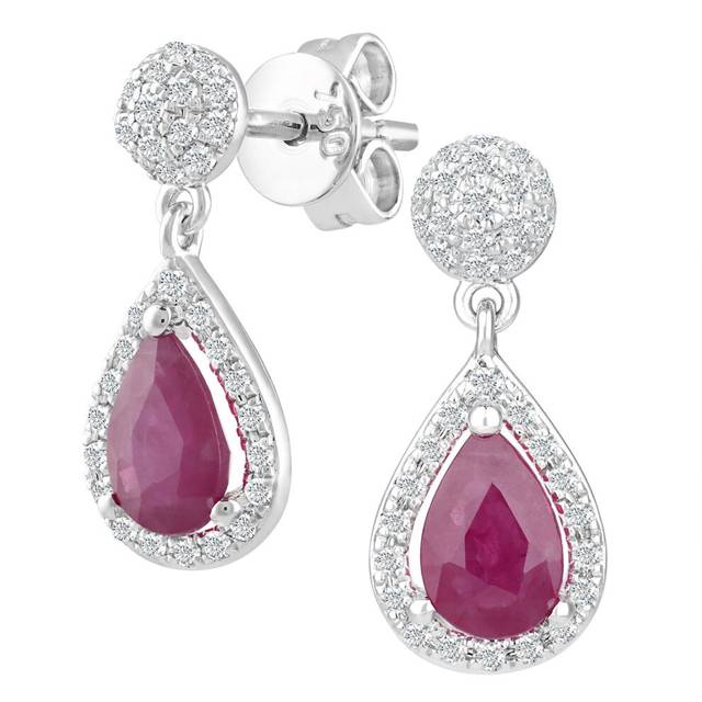 Jewelco London 18ct White Gold Round 1/4ct Diamond Pear 0.85ct Ruby Teardrop Drop Earrings - DE1AXL412RU-18KW