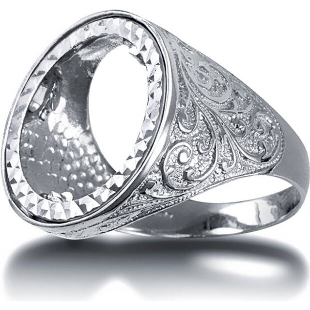 (Y) Jewelco London Men&#39;s Solid 925 Silver Floral Engraved Half Sovereign Mount Ring