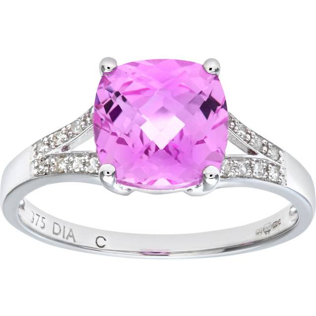 (O) Jewelco London 9ct White Gold Created Pink Sapphire Ring With Diamond Shoulders