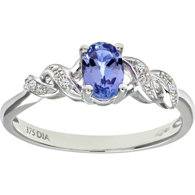 (N) Jewelco London 9ct White Gold Oval Tanzanite Ring with Pave Set Diamond Twist Shoulders