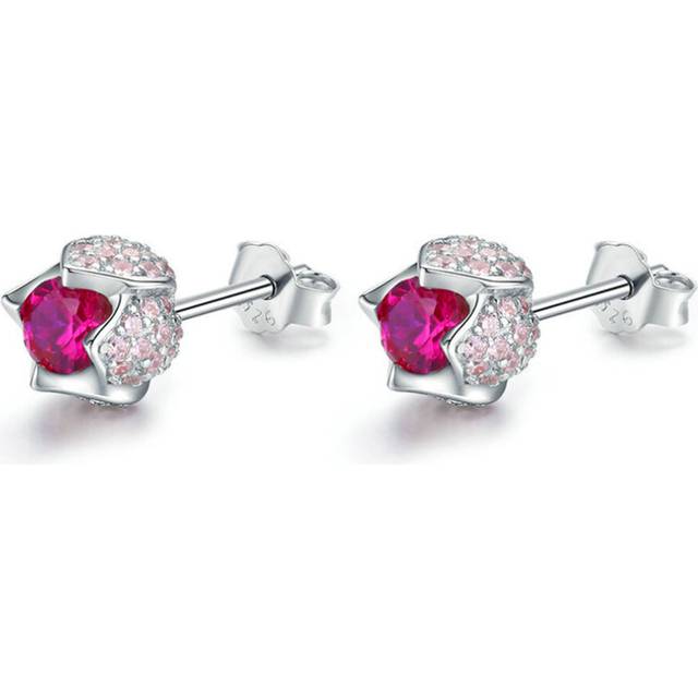 Silver plating Tulip Flower Buds Pink Stud Earrings Women Wedding Jewelry Gift