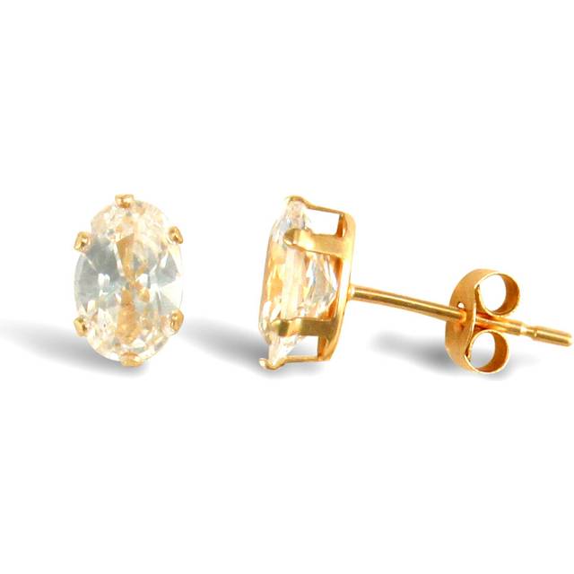 Jewelco London Ladies 9ct Yellow Gold White Oval Cubic Zirconia Claw Set Solitaire Stud Earrings, 6x4mm - JES200