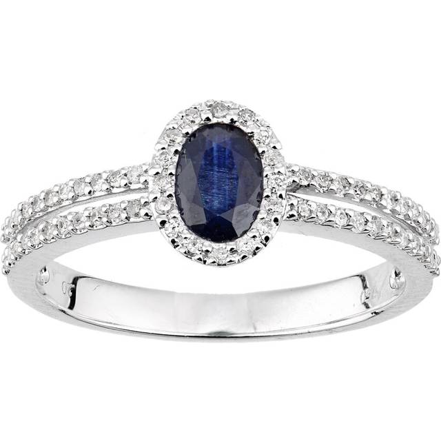 (K) Jewelco London 18ct White Gold Oval Sapphire and Diamond Halo Ring