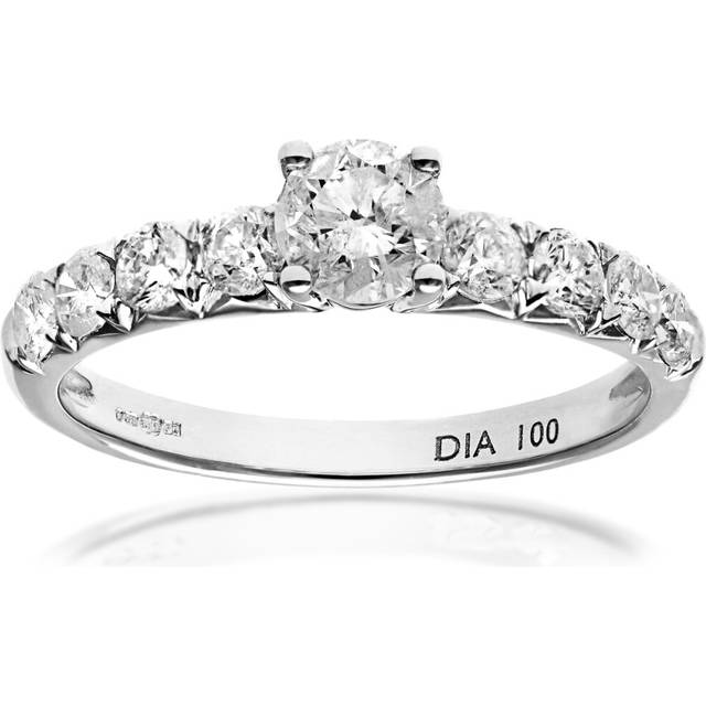 (L) Jewelco London 18ct White Gold Shoulder Set Engagement Ring, IJ/I Certified Diamonds, Round Brilliant, 1ct