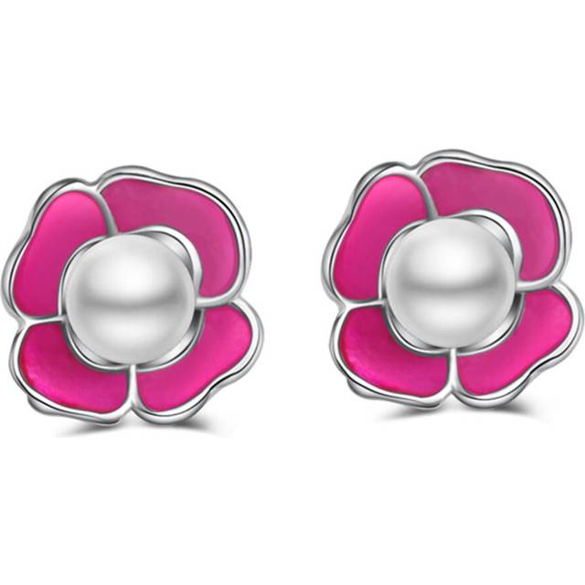 3PCS Silver plating Sweet Pink Flower Stud Earring Cute Stud Earrings for Women Wedding Jewelry