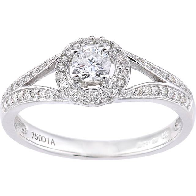 (J) Jewelco London 18ct White Gold Round Halo 0.40ct Diamond Solitaire Engagement Ring - Size J