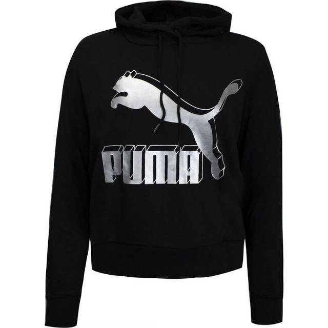 Puma Graphic Logo Long Sleeve Pullover Black Womens Hoodie 595915 71 - Silver Cotton - Size Small