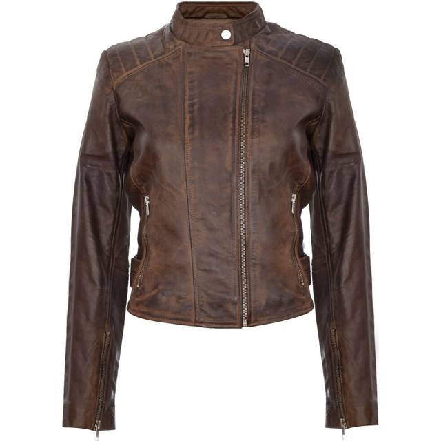 (4XL) Ladies Brown Leathr Fitted Biker Style Zip  Jacket