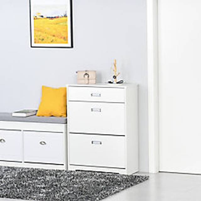 HOMCOM Shoe Cabinet with Tipping Storage Rack, 2 Pull-Down Doors, Drawer, Adjustable Shelf for Entryway, White Aosom UK