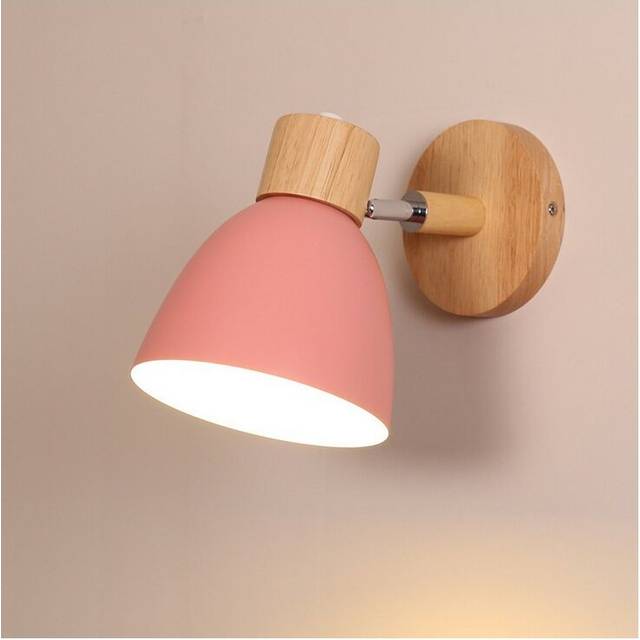 (Pink) Modern Wall Light Wood Nordic Wall Sconce Vintage Retro Wall Lamp for Indoor Bedroom Cafe Bar Living Room