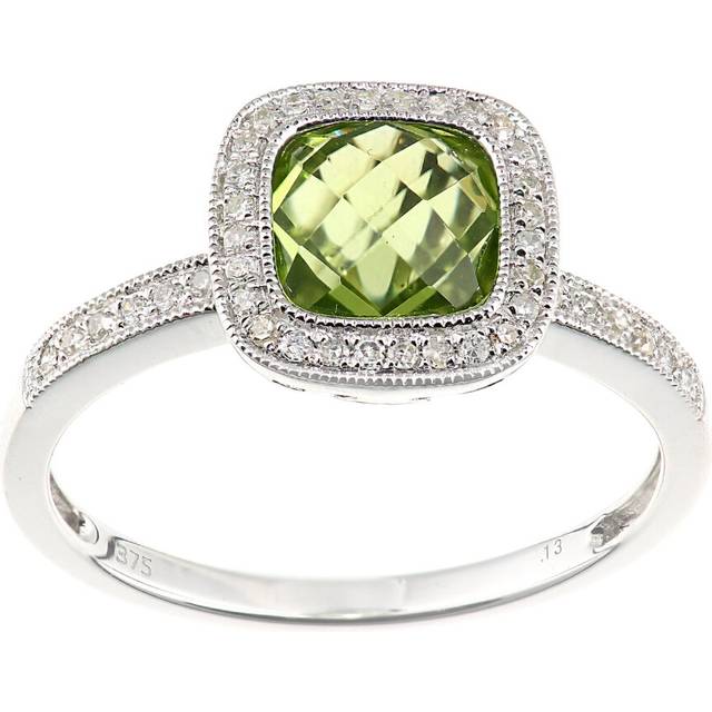 (K) Jewelco London 9ct White Gold Cushion Peridot and Diamond Halo Ring