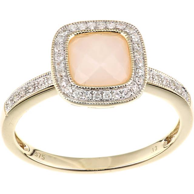 (Q) Jewelco London 9ct Yellow Gold Cushion Pink Opal and Diamond Halo Ring