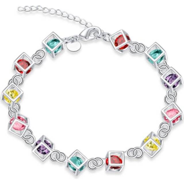2PCS Shiny Happiness Cube Copper Woman Girl Bracelet Multicolored Cube Rainbow Jewelry - Red