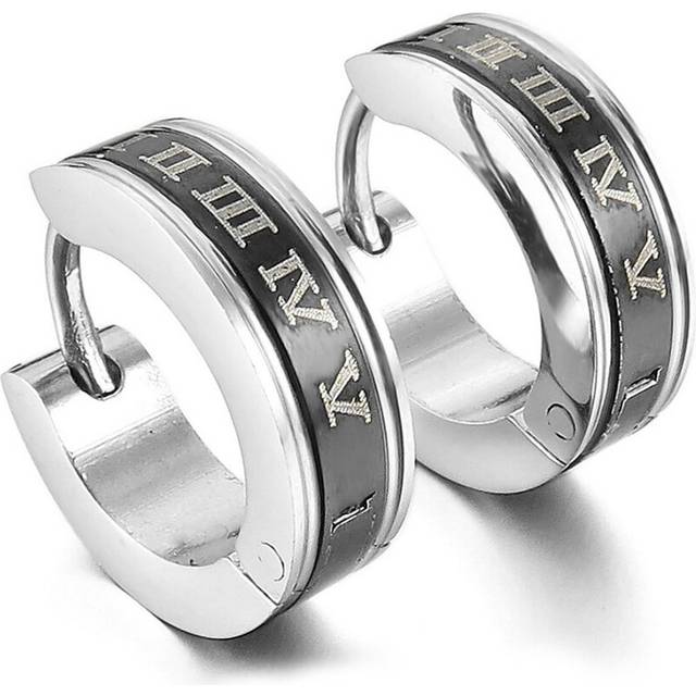 Stainless steel stud plugs hoop earrings ear studs Black Silver Roman numerals classic men, women