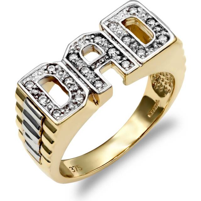 (S) Jewelco London Men's Solid 9ct Yellow Gold White Round Brilliant Cubic Zirconia Brick Link Sides DAD Ring - JRN133