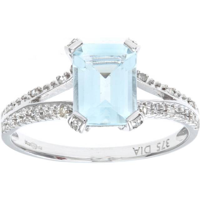 (Q) Jewelco London 9ct White Gold Emerald Cut Aquamarine Ring With Diamond Shoulders - PR0AXL7262WAQ