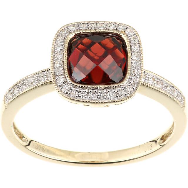 (M) Jewelco London 9ct Yellow Gold Cushion Garnet and Diamond Halo Ring