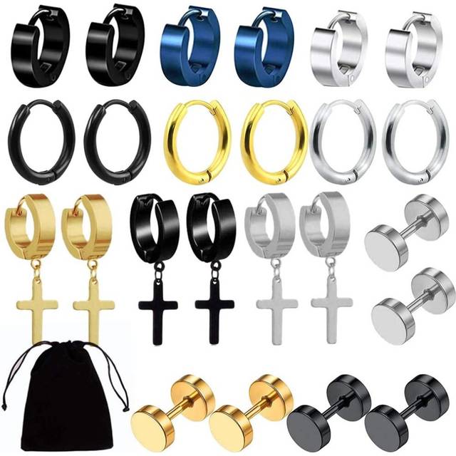 12 Pairs Mens Earrings,Black Stud Earrings Stainless Steel Dangle Cross Earrings Small Huggie Hoop Earrings Circular Clip On Cartilage Earrings
