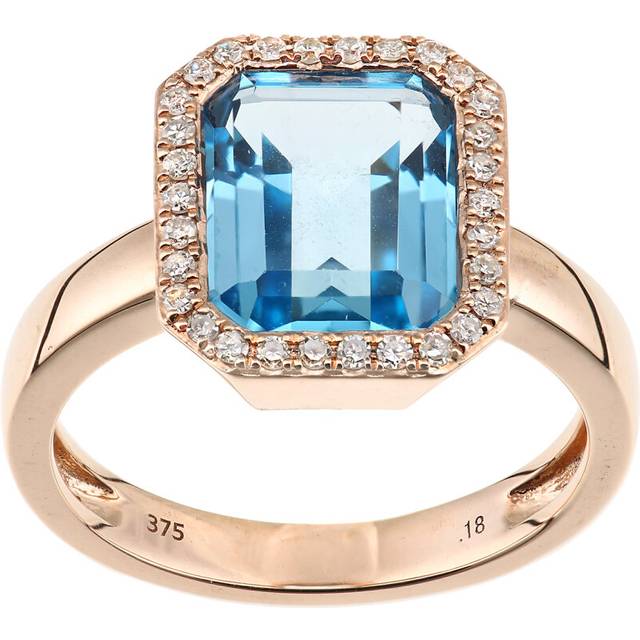 (J) Jewelco London 9ct Rose Gold Blue Topaz and Diamond Halo Ring