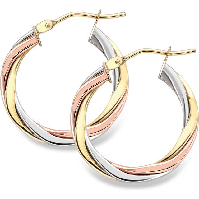 Jewelco London 9ct 3 Colour Gold Russian Wedding Ring Twist Hoop Earrings 2mm - ERNR02525