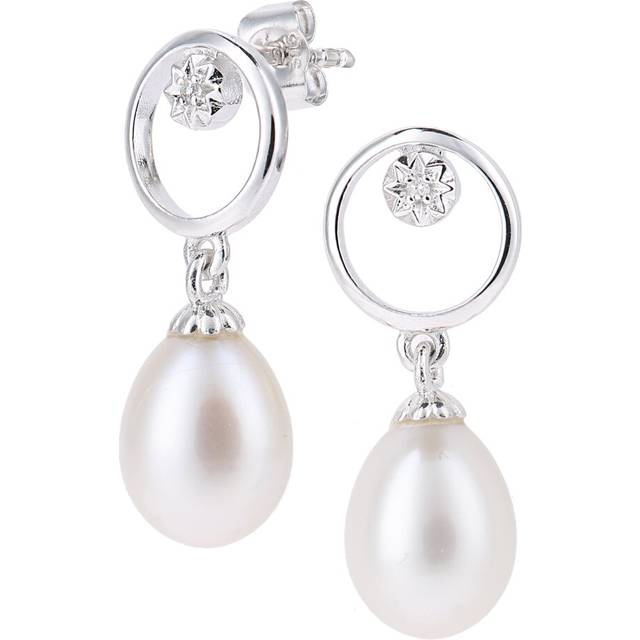 Jewelco London 9ct White Gold Round 1pts Diamond Oval Pearl 7.5x9mm Flower Cap Halo Drop Earrings - PE0AXL5717WPRL