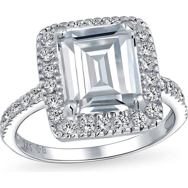Bling Jewelry Art Deco Style 5CT Statement AAA CZ Halo Square Emerald Cut Solitaire Engagement Ring for Women with 1MM Thin Pave Band .925 Sterling