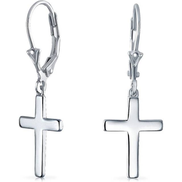 Minimalist Simple Delicate Small Religious Cross Drop Dangle Earrings For Women For Teen Secure Leverback High Polished 925 Sterling Silver