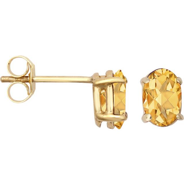 Jewelco London Ladies 9ct Yellow Gold Amber Oval Citrine 4 Claw Solitaire Stud Earrings, 6x4mm - JES371