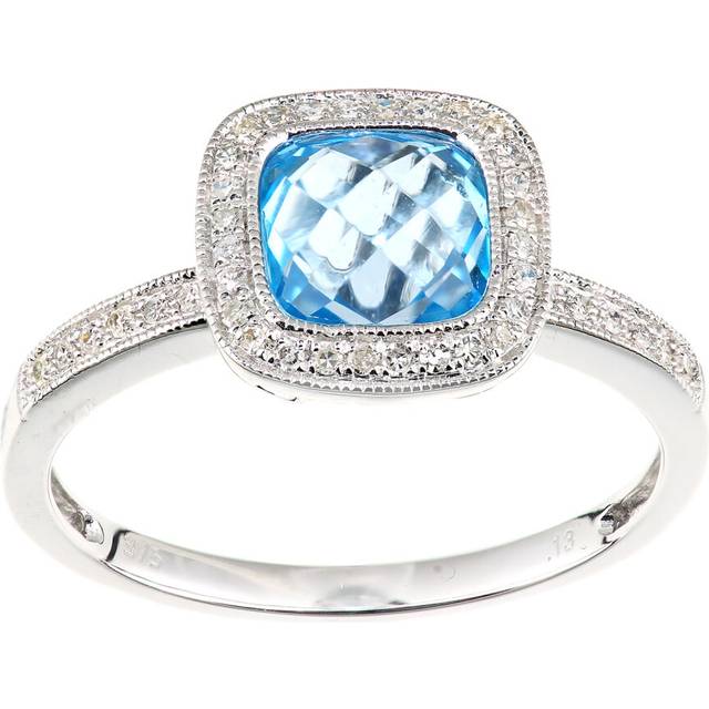 (K) Jewelco London 9ct White Gold Cushion Blue Topaz and Diamond Halo Ring