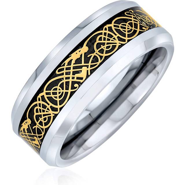 Bling Jewelry Golden Black Silver Two Tone Celtic Knot Dragon Inlay Couples Titanium Wedding Band RingsÂforÂMen for Women 8MM