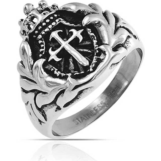 Bling Jewelry Mens Religious Crown Viking Knight Shield Maltase Fleur De Lis Cross Signet Ring for Men Oxidized Silver Tone Stainless